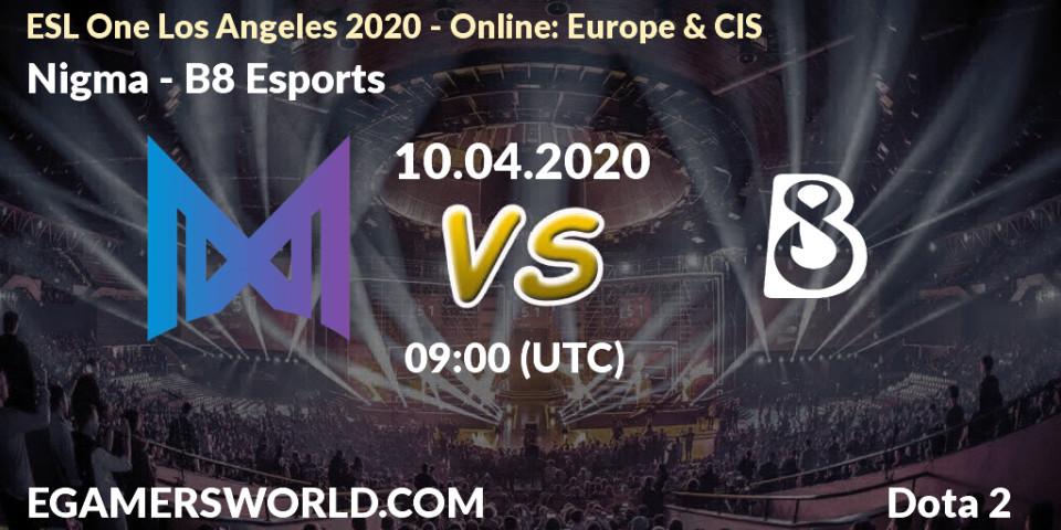Prognoza Nigma - B8 Esports. 10.04.2020 at 09:00, Dota 2, ESL One Los Angeles 2020 - Online: Europe & CIS