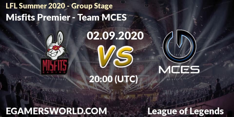 Prognoza Misfits Premier - Team MCES. 02.09.2020 at 20:00, LoL, LFL Summer 2020 - Group Stage