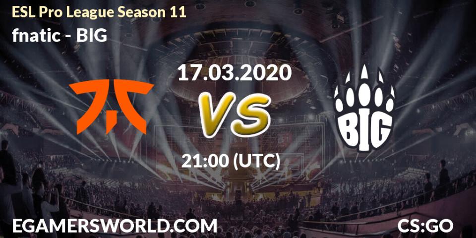 Prognoza fnatic - BIG. 17.03.2020 at 21:00, Counter-Strike (CS2), ESL Pro League Season 11: Europe