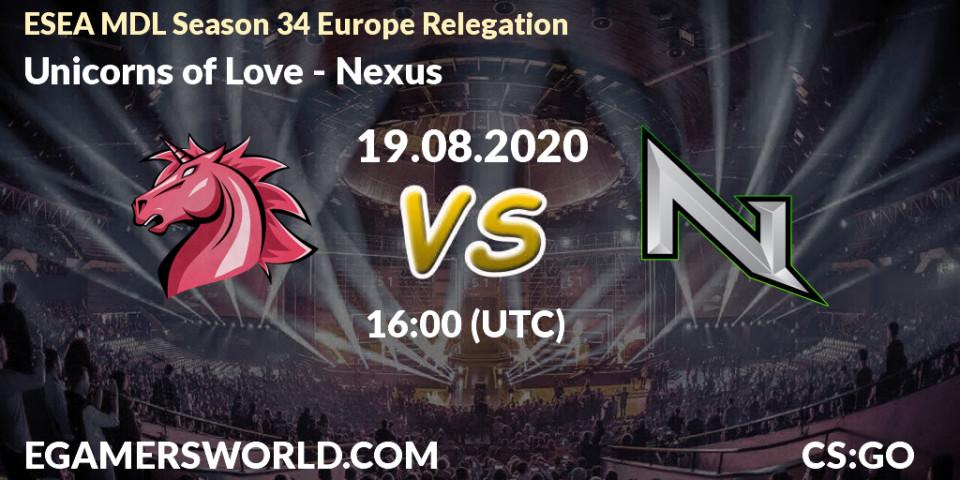 Prognoza Unicorns of Love - Nexus. 19.08.2020 at 16:00, Counter-Strike (CS2), ESEA MDL Season 34 Europe Relegation