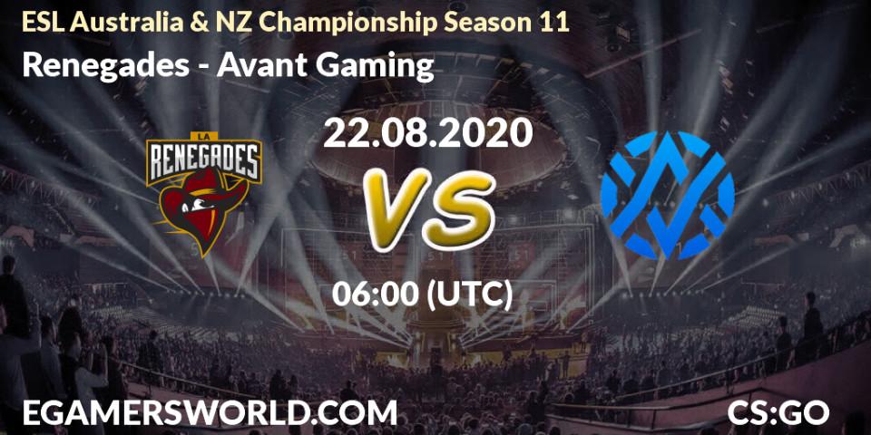 Prognoza Renegades - Avant Gaming. 22.08.2020 at 06:20, Counter-Strike (CS2), ESL Australia & NZ Championship Season 11