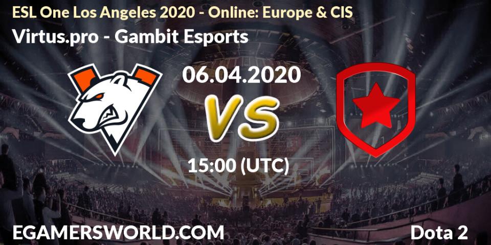 Prognoza Virtus.pro - Gambit Esports. 06.04.20, Dota 2, ESL One Los Angeles 2020 - Online: Europe & CIS