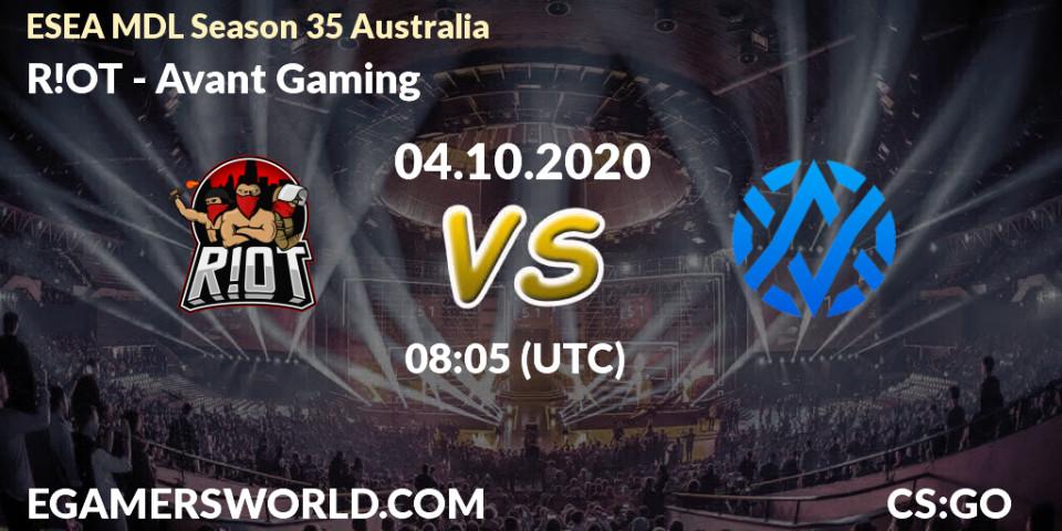 Prognoza R!OT - Avant Gaming. 04.10.2020 at 08:05, Counter-Strike (CS2), ESEA MDL Season 35 Australia