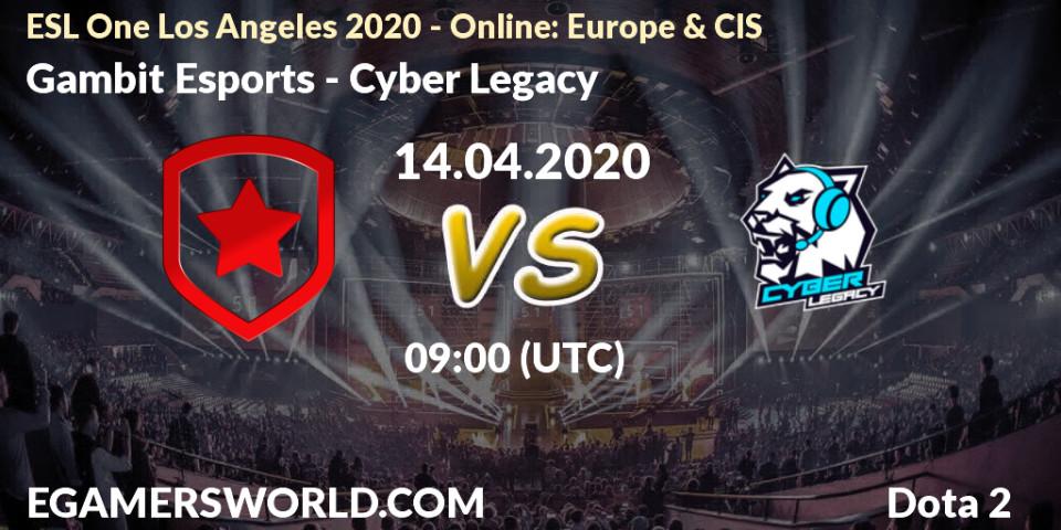 Prognoza Gambit Esports - Cyber Legacy. 14.04.2020 at 09:00, Dota 2, ESL One Los Angeles 2020 - Online: Europe & CIS