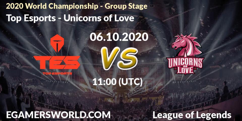 Prognoza Top Esports - Unicorns of Love. 06.10.2020 at 11:00, LoL, 2020 World Championship - Group Stage