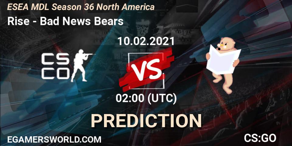 Prognoza Rise - Bad News Bears. 10.02.2021 at 02:00, Counter-Strike (CS2), MDL ESEA Season 36: North America - Premier Division