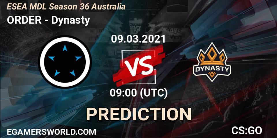 Prognoza ORDER - Dynasty. 09.03.2021 at 09:00, Counter-Strike (CS2), MDL ESEA Season 36: Australia - Premier Division