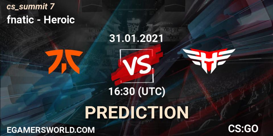 Prognoza fnatic - Heroic. 31.01.2021 at 16:30, Counter-Strike (CS2), cs_summit 7