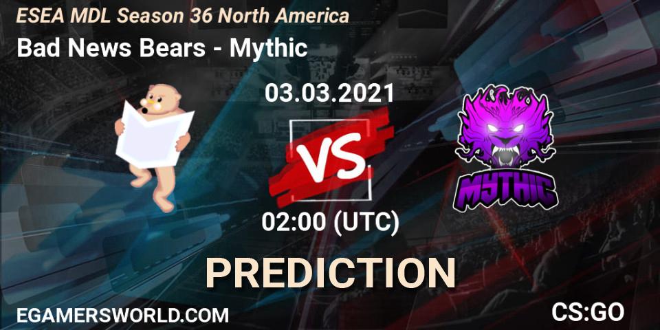 Prognoza Bad News Bears - Mythic. 03.03.2021 at 02:00, Counter-Strike (CS2), MDL ESEA Season 36: North America - Premier Division