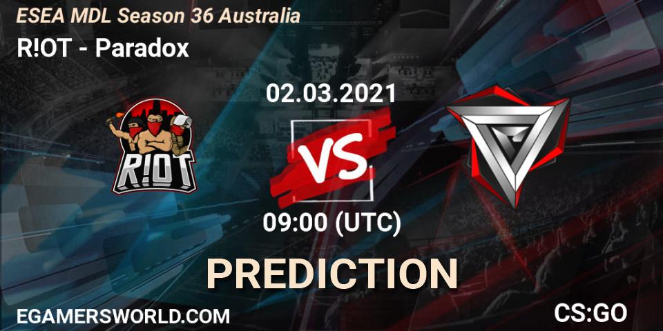 Prognoza R!OT - Paradox. 02.03.2021 at 09:00, Counter-Strike (CS2), MDL ESEA Season 36: Australia - Premier Division