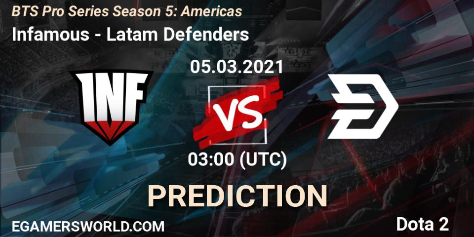 Prognoza Infamous - Latam Defenders. 05.03.2021 at 03:02, Dota 2, BTS Pro Series Season 5: Americas