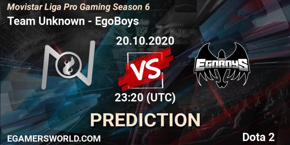 Prognoza Team Unknown - EgoBoys. 20.10.2020 at 23:55, Dota 2, Movistar Liga Pro Gaming Season 6