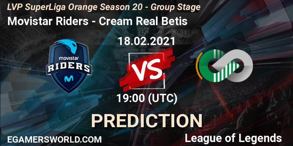 Prognoza Movistar Riders - Cream Real Betis. 18.02.2021 at 19:00, LoL, LVP SuperLiga Orange Season 20 - Group Stage