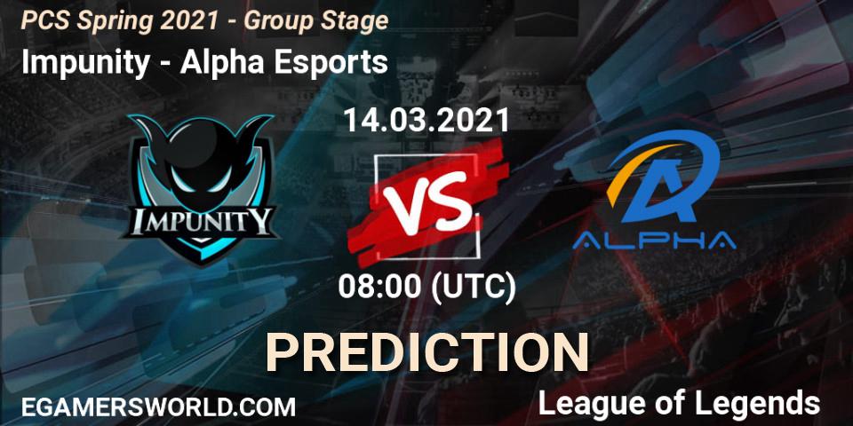 Prognoza Impunity - Alpha Esports. 14.03.2021 at 08:00, LoL, PCS Spring 2021 - Group Stage