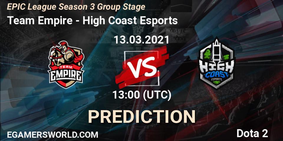 Prognoza Team Empire - High Coast Esports. 13.03.2021 at 12:59, Dota 2, EPIC League Season 3 Group Stage