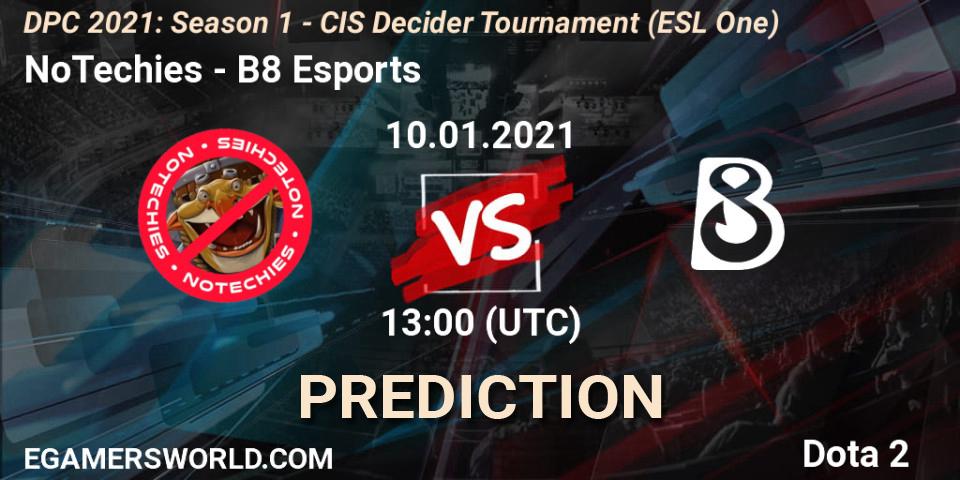 Prognoza NoTechies - B8 Esports. 10.01.2021 at 13:00, Dota 2, DPC 2021: Season 1 - CIS Decider Tournament (ESL One)