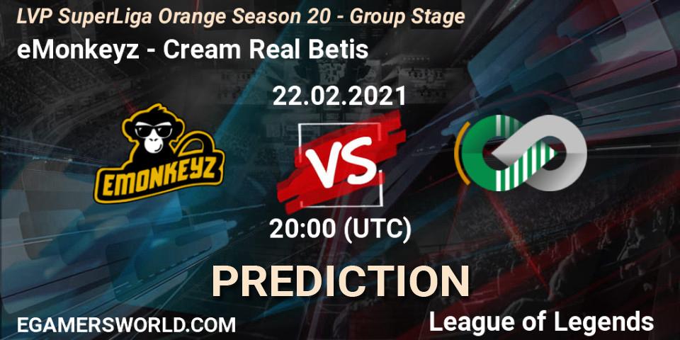 Prognoza eMonkeyz - Cream Real Betis. 22.02.2021 at 20:00, LoL, LVP SuperLiga Orange Season 20 - Group Stage