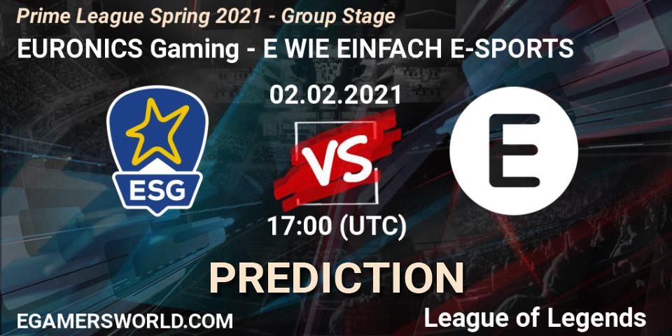Prognoza EURONICS Gaming - E WIE EINFACH E-SPORTS. 02.02.2021 at 18:00, LoL, Prime League Spring 2021 - Group Stage