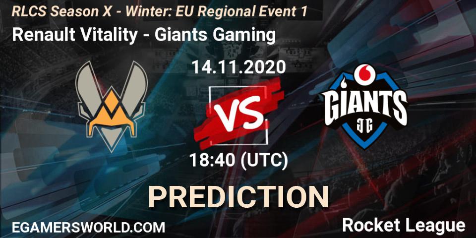 Prognoza Renault Vitality - Giants Gaming. 14.11.2020 at 18:40, Rocket League, RLCS Season X - Winter: EU Regional Event 1