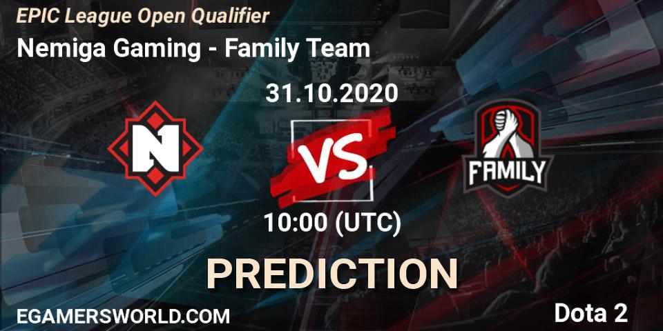Prognoza Nemiga Gaming - Family Team. 31.10.2020 at 10:20, Dota 2, EPIC League Open Qualifier
