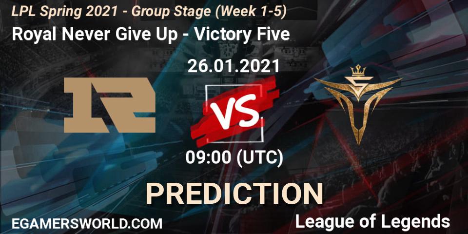 Prognoza Royal Never Give Up - Victory Five. 26.01.2021 at 09:20, LoL, LPL Spring 2021 - Group Stage (Week 1-5)