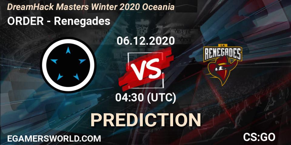 Prognoza ORDER - Renegades. 06.12.2020 at 04:30, Counter-Strike (CS2), DreamHack Masters Winter 2020 Oceania