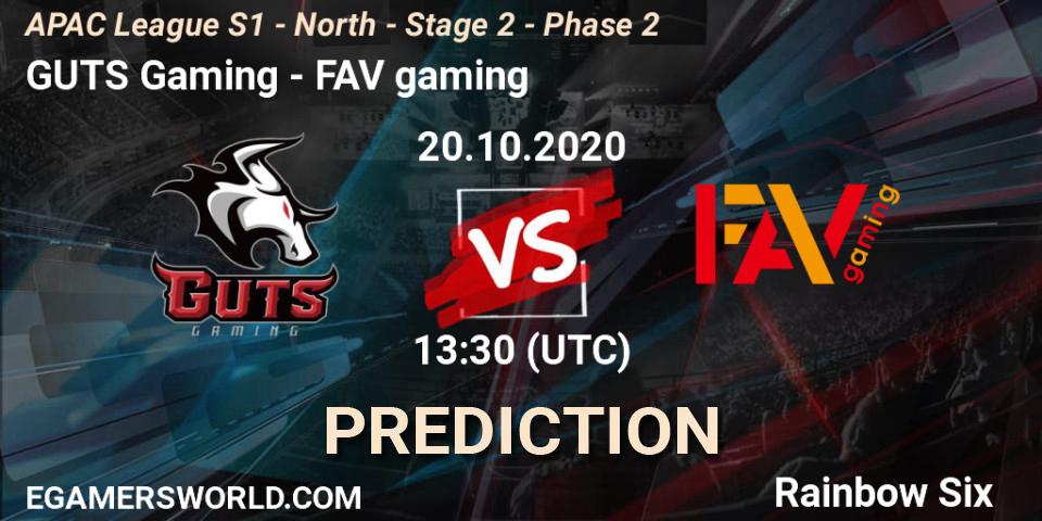 Prognoza GUTS Gaming - FAV gaming. 20.10.2020 at 13:30, Rainbow Six, APAC League S1 - North - Stage 2 - Phase 2
