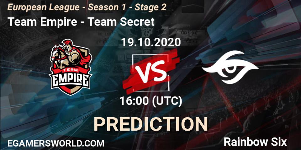 Prognoza Team Empire - Team Secret. 19.10.2020 at 18:00, Rainbow Six, European League - Season 1 - Stage 2