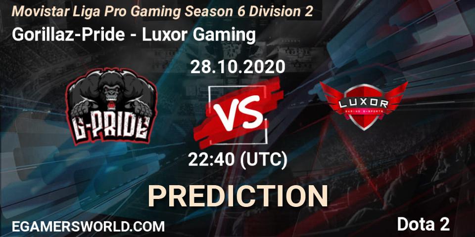 Prognoza Gorillaz-Pride - Luxor Gaming. 28.10.2020 at 22:40, Dota 2, Movistar Liga Pro Gaming Season 6 Division 2