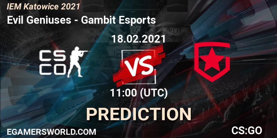 Prognoza Evil Geniuses - Gambit Esports. 18.02.2021 at 11:00, Counter-Strike (CS2), IEM Katowice 2021