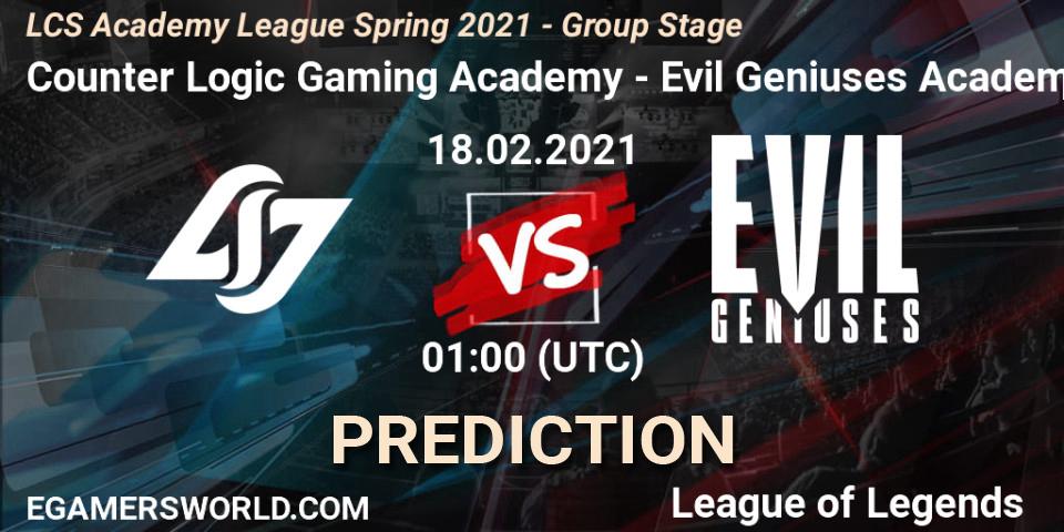 Prognoza Counter Logic Gaming Academy - Evil Geniuses Academy. 18.02.2021 at 01:00, LoL, LCS Academy League Spring 2021 - Group Stage