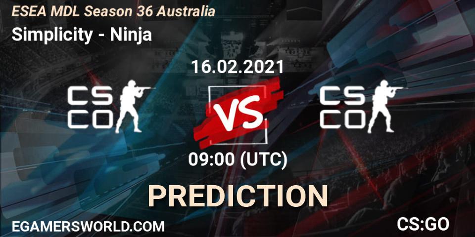 Prognoza Simplicity - Ninja. 16.02.2021 at 09:00, Counter-Strike (CS2), MDL ESEA Season 36: Australia - Premier Division