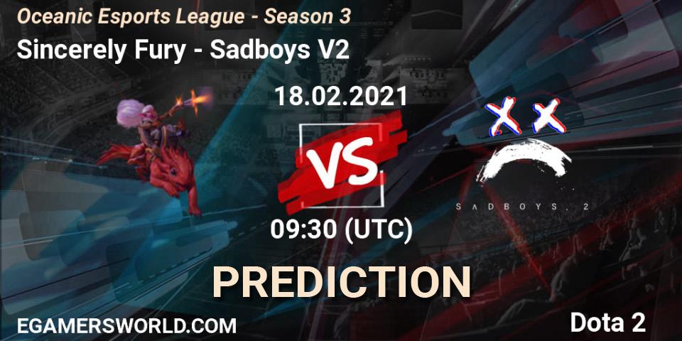 Prognoza Sincerely Fury - Sadboys V2. 20.02.2021 at 03:39, Dota 2, Oceanic Esports League - Season 3