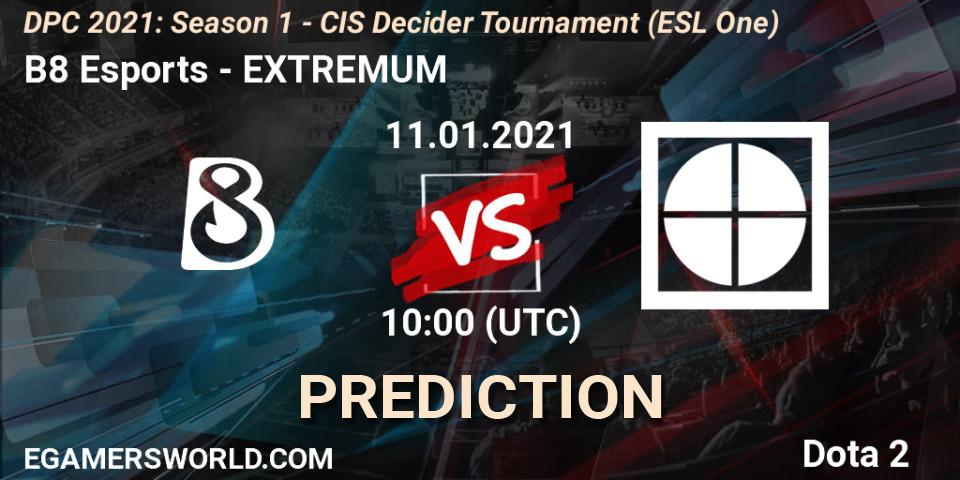 Prognoza B8 Esports - EXTREMUM. 11.01.2021 at 10:00, Dota 2, DPC 2021: Season 1 - CIS Decider Tournament (ESL One)