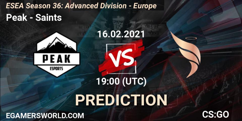 Prognoza Peak - Saints. 16.02.2021 at 19:00, Counter-Strike (CS2), ESEA Season 36: Europe - Advanced Division