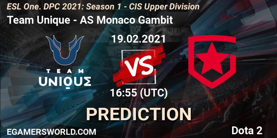 Prognoza Team Unique - AS Monaco Gambit. 19.02.2021 at 16:55, Dota 2, ESL One. DPC 2021: Season 1 - CIS Upper Division