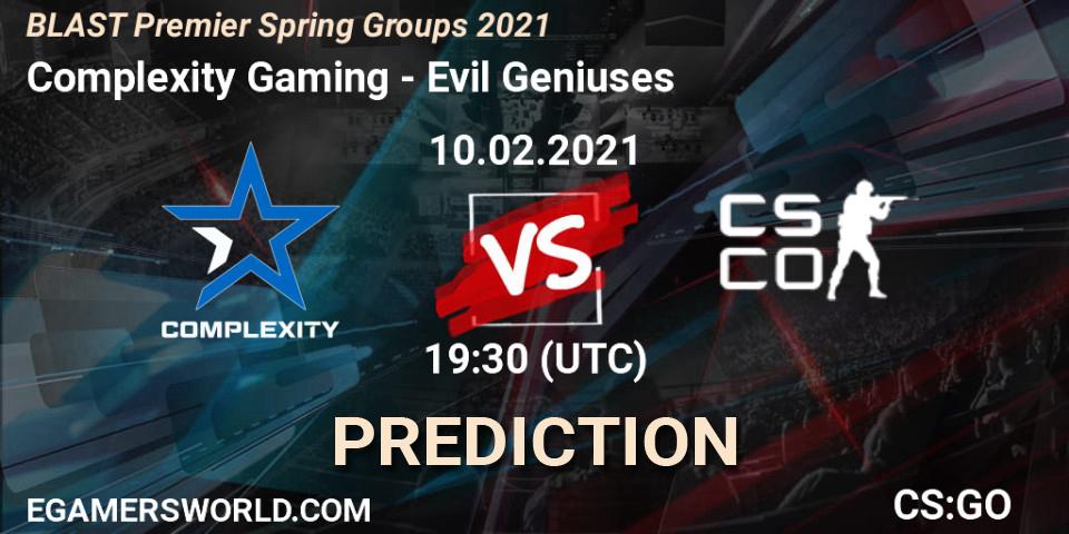 Prognoza Complexity Gaming - Evil Geniuses. 10.02.2021 at 19:30, Counter-Strike (CS2), BLAST Premier Spring Groups 2021
