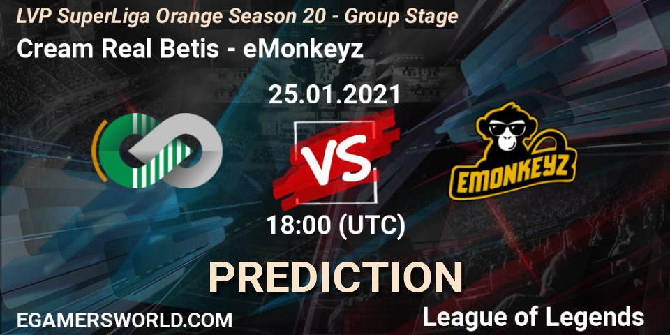 Prognoza Cream Real Betis - eMonkeyz. 25.01.2021 at 18:00, LoL, LVP SuperLiga Orange Season 20 - Group Stage