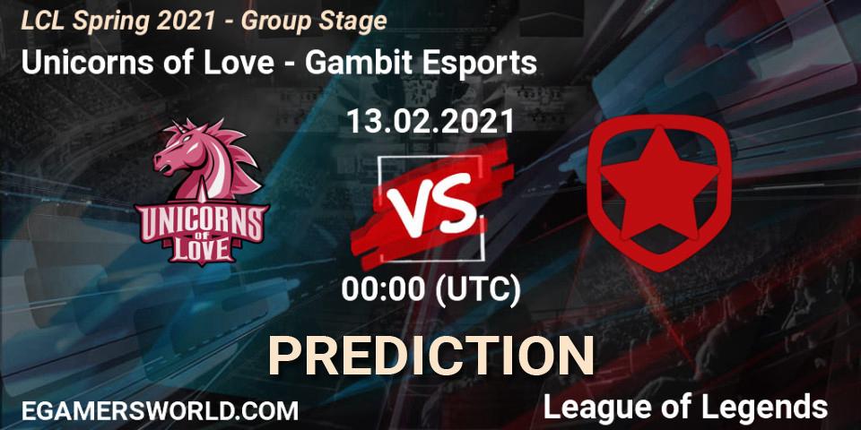 Prognoza Unicorns of Love - Gambit Esports. 13.02.2021 at 13:00, LoL, LCL Spring 2021 - Group Stage