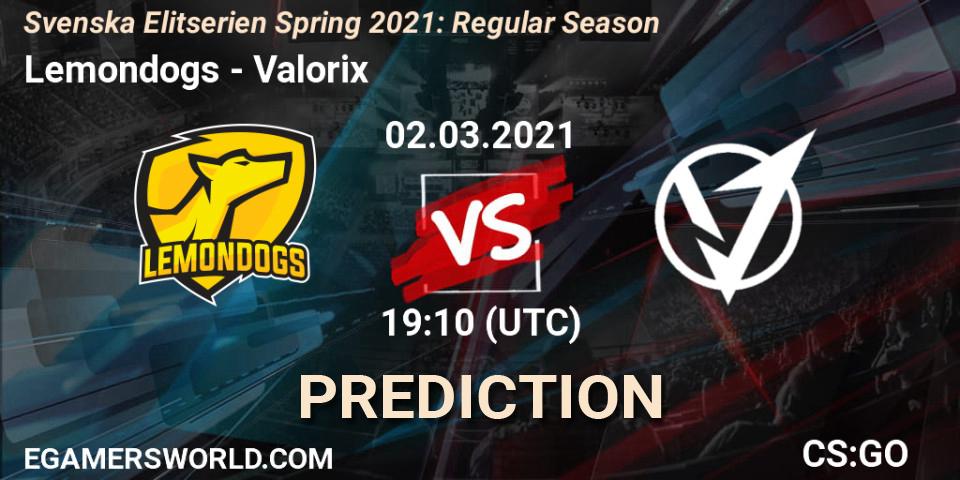 Prognoza Lemondogs - Valorix. 02.03.2021 at 19:10, Counter-Strike (CS2), Svenska Elitserien Spring 2021: Regular Season
