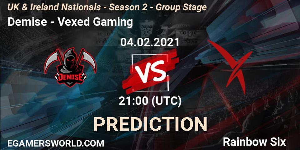 Prognoza Demise - Vexed Gaming. 04.02.2021 at 21:00, Rainbow Six, UK & Ireland Nationals - Season 2 - Group Stage