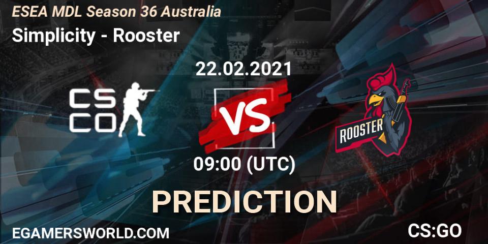 Prognoza Simplicity - Rooster. 23.02.2021 at 09:00, Counter-Strike (CS2), MDL ESEA Season 36: Australia - Premier Division
