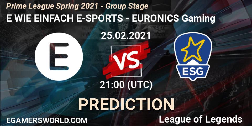 Prognoza E WIE EINFACH E-SPORTS - EURONICS Gaming. 25.02.2021 at 21:15, LoL, Prime League Spring 2021 - Group Stage