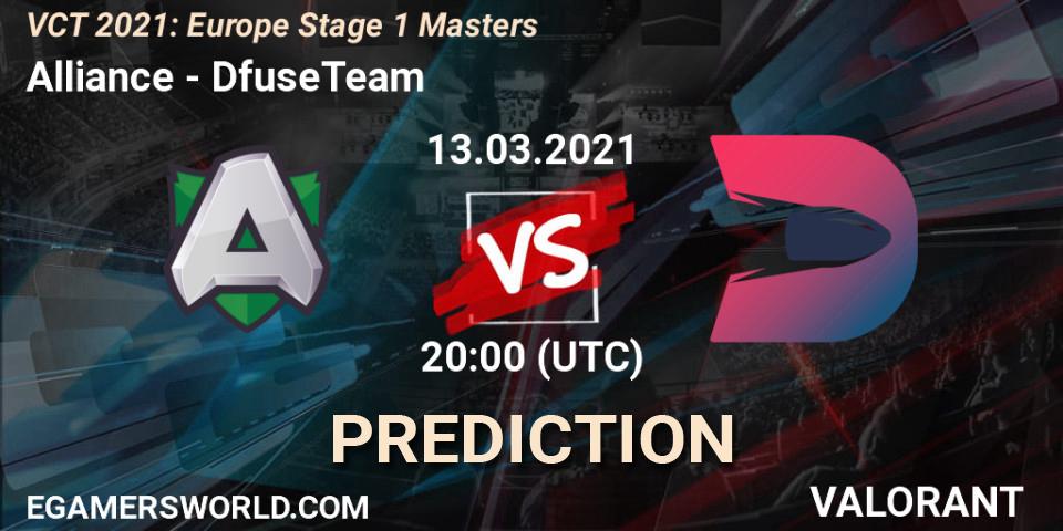 Prognoza Alliance - DfuseTeam. 13.03.2021 at 19:00, VALORANT, VCT 2021: Europe Stage 1 Masters