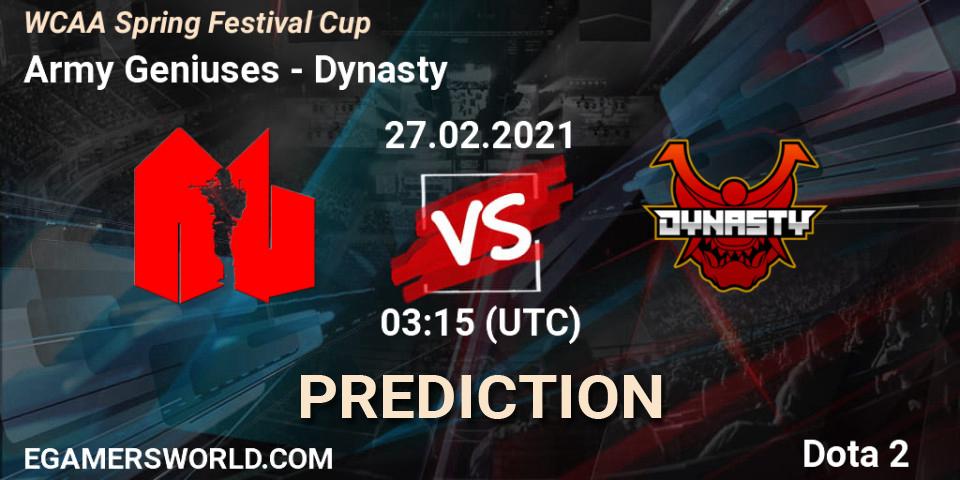 Prognoza Army Geniuses - Dynasty. 27.02.2021 at 03:17, Dota 2, WCAA Spring Festival Cup