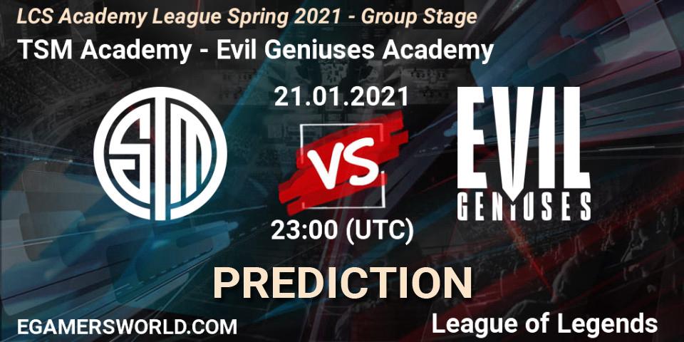 Prognoza TSM Academy - Evil Geniuses Academy. 21.01.2021 at 23:15, LoL, LCS Academy League Spring 2021 - Group Stage