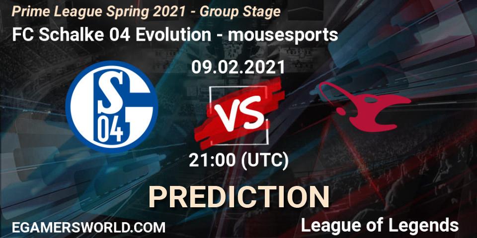 Prognoza FC Schalke 04 Evolution - mousesports. 09.02.2021 at 20:15, LoL, Prime League Spring 2021 - Group Stage