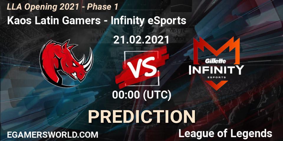 Prognoza Kaos Latin Gamers - Infinity eSports. 21.02.2021 at 00:00, LoL, LLA Opening 2021 - Phase 1