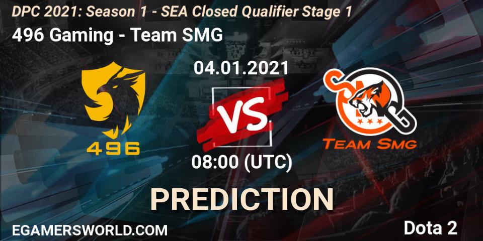Prognoza 496 Gaming - Team SMG. 04.01.2021 at 08:32, Dota 2, DPC 2021: Season 1 - SEA Closed Qualifier Stage 1