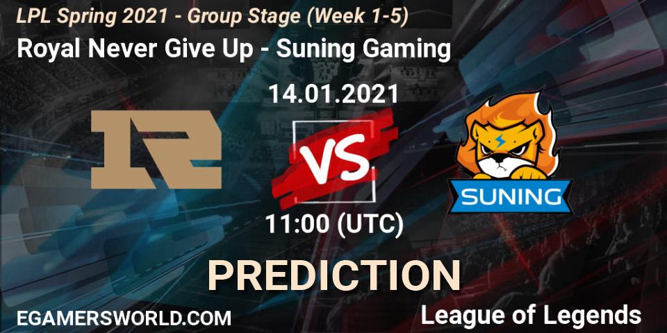 Prognoza Royal Never Give Up - Suning Gaming. 14.01.2021 at 11:00, LoL, LPL Spring 2021 - Group Stage (Week 1-5)